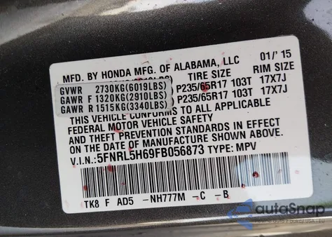 2015 Honda Odyssey Ex-L z USA, uszkodzony, nr VIN 5FNRL5H69FB056873